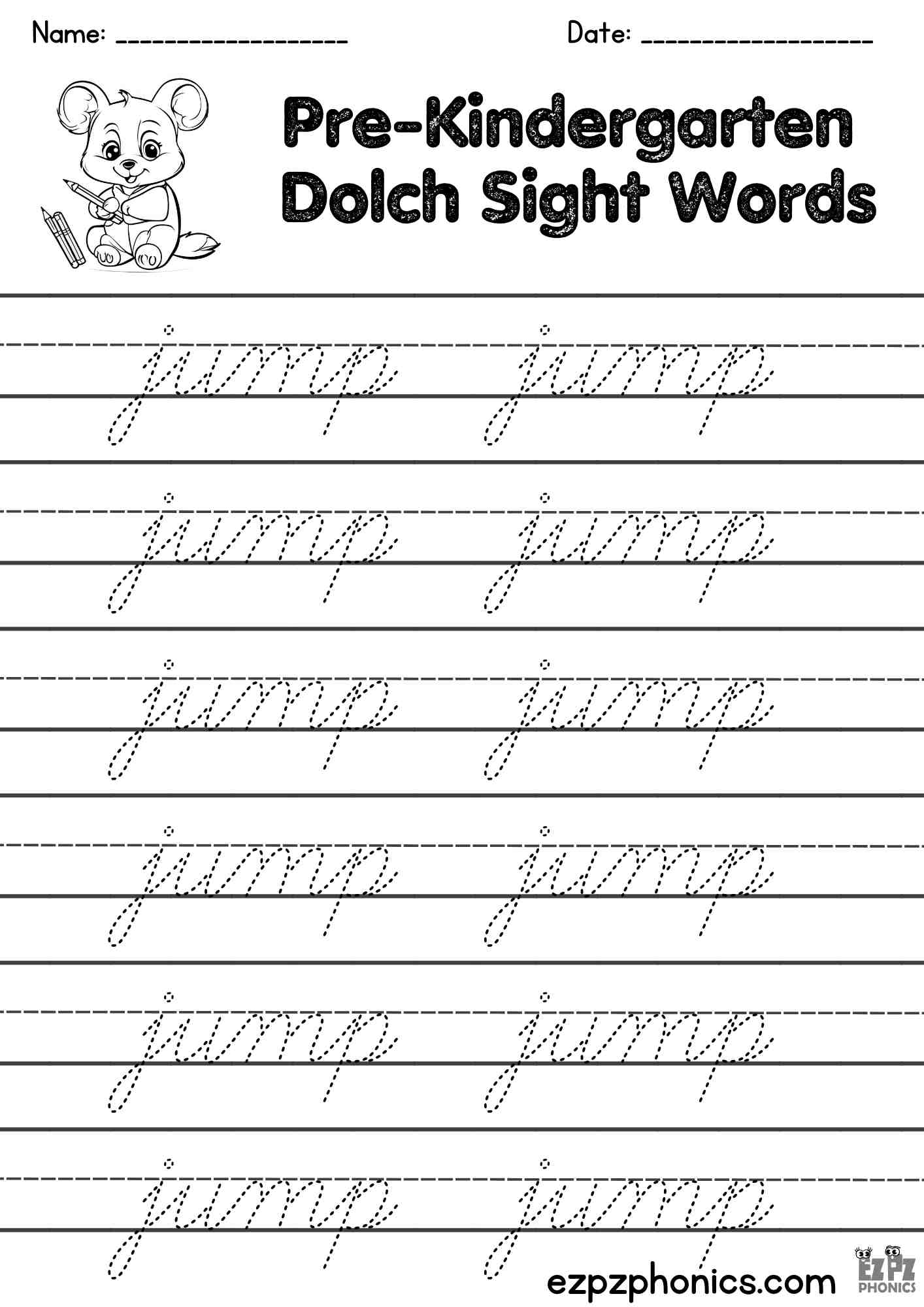 The Word Jump Cursive Writing Practice – Pre-K Dolch Sight Words Free PDF Download